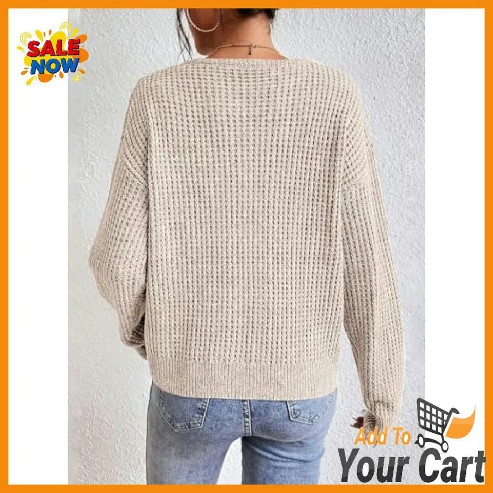 Women's V-Neck Pullover Sweater Drop Shoulder Long Sleeve Lightweight